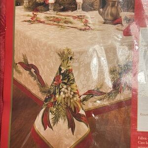 New Christmas Ribbons Jacquard printed tablecloth. 60” X 120”.